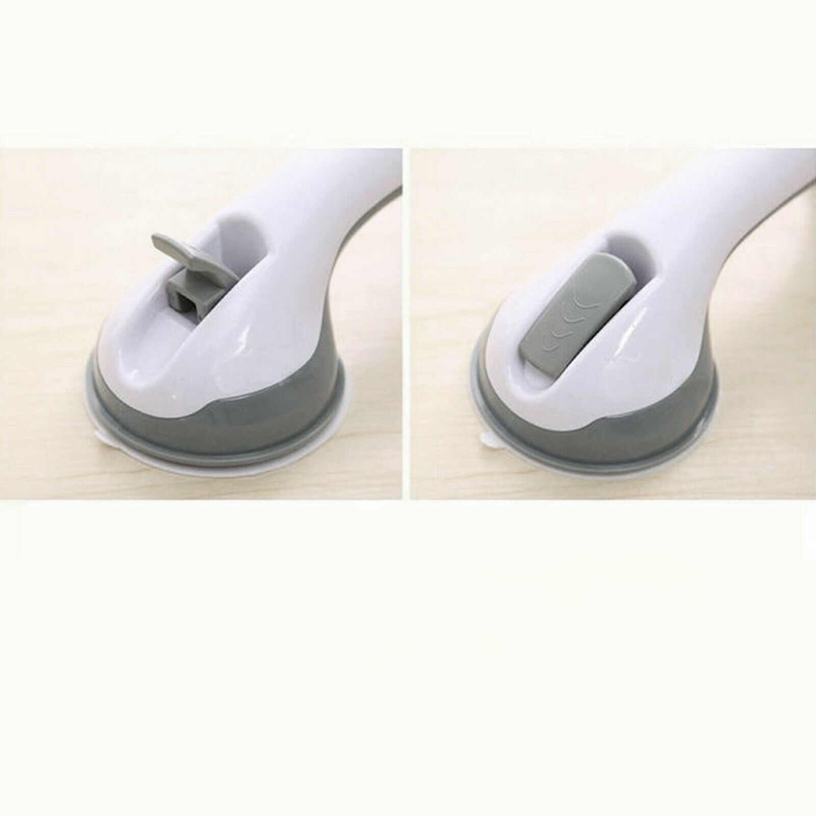 Two views showing the lock lever open and locked on a 16-inch suction grab bar, suction cups on a light surface
