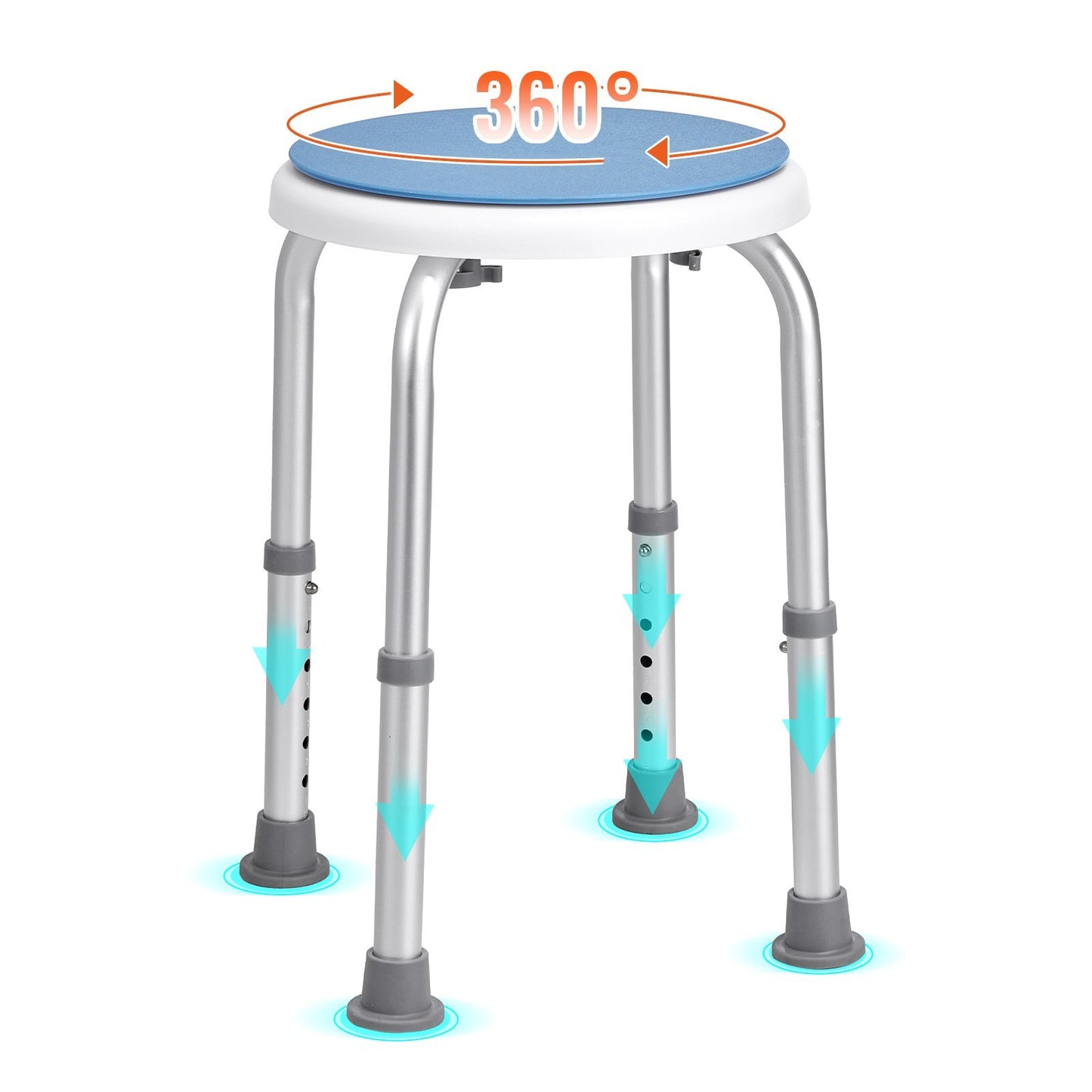 Shower stool with 360° rotating seat and height-adjustable legs with non-slip feet