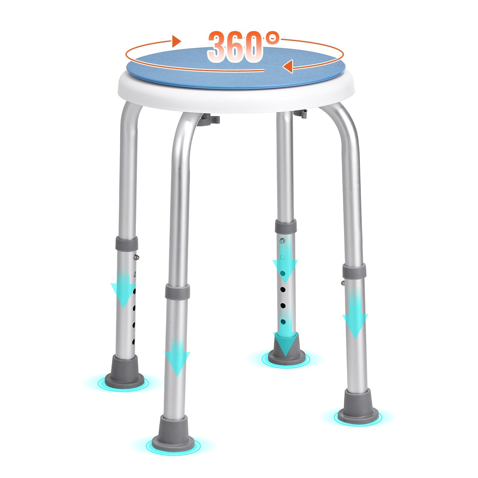 Shower stool with 360° rotating seat and height-adjustable legs with non-slip feet