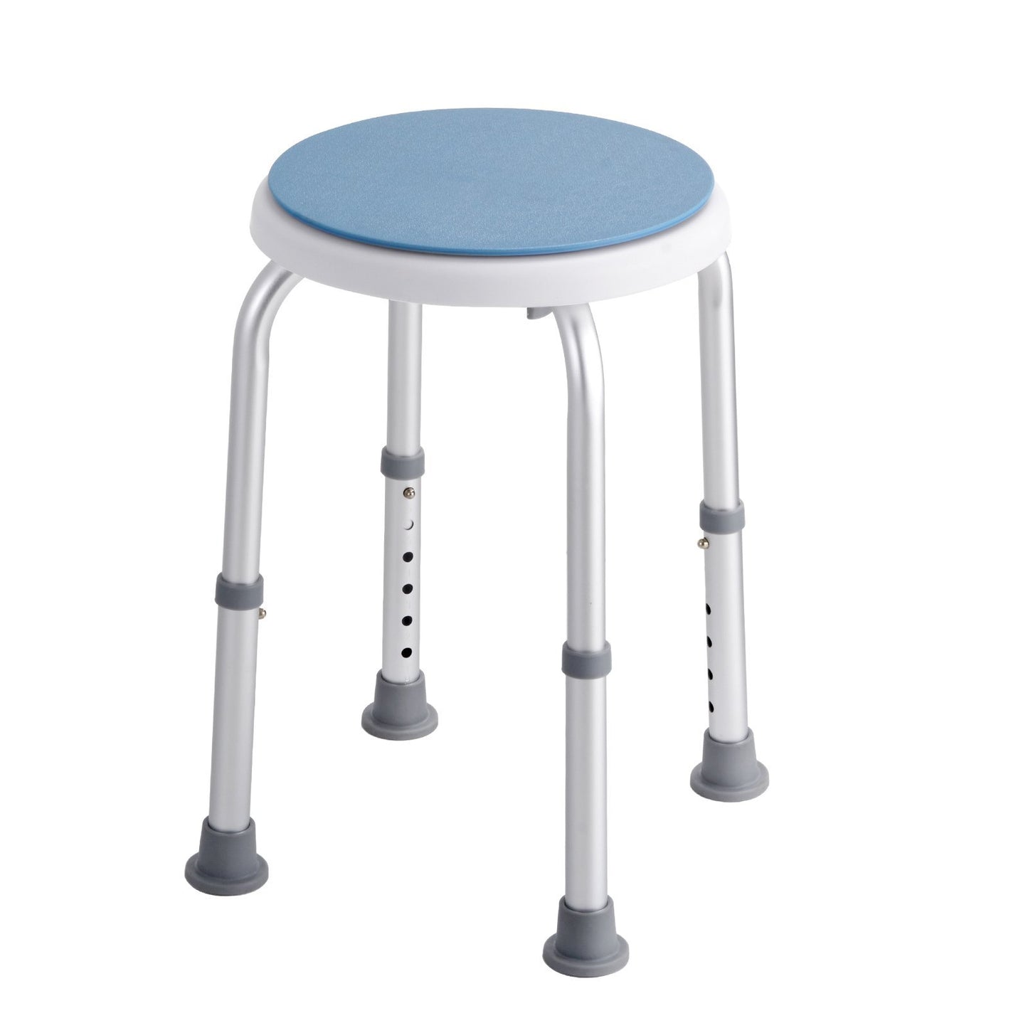 Height-adjustable non-slip shower stool with wide rubber feet on white background