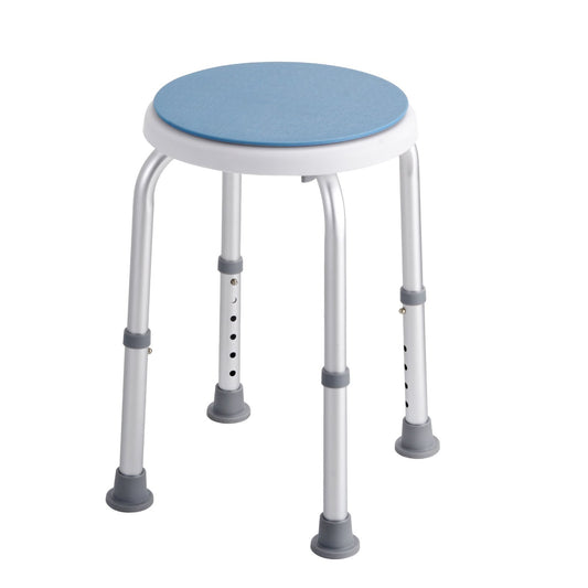 Height-adjustable non-slip shower stool with wide rubber feet on white background