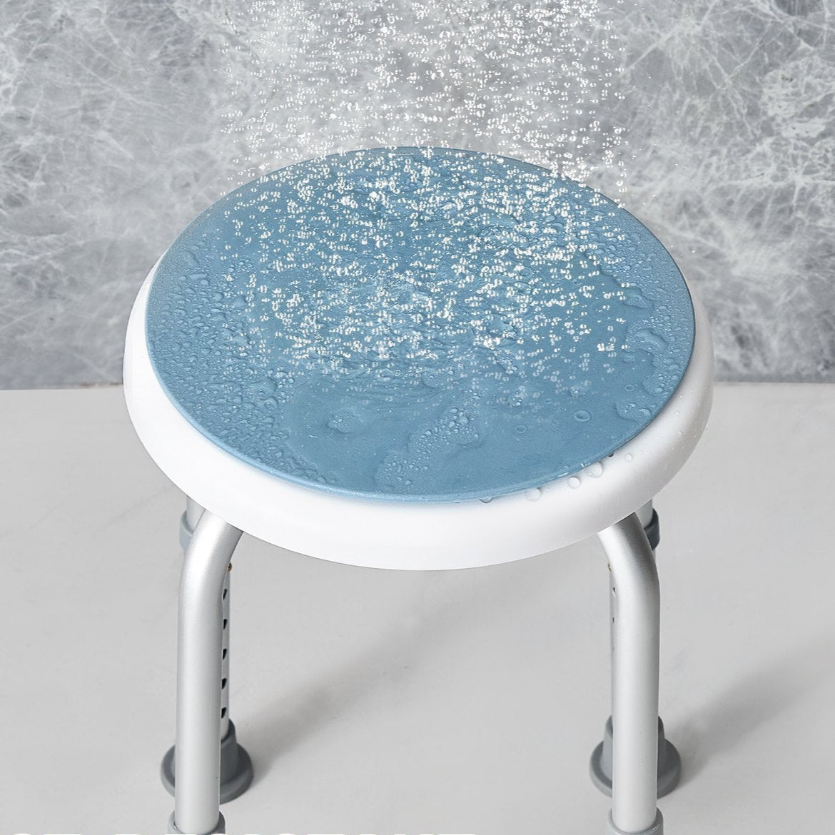 Close-up of shower stool seat with water droplets, waterproof easy-clean surface