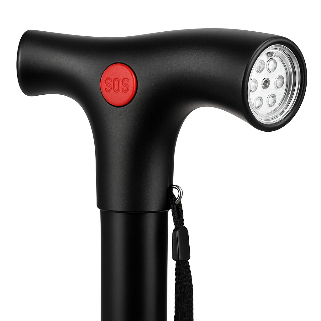 Close-up of folding cane head with LED flashlight and red SOS button on a white background