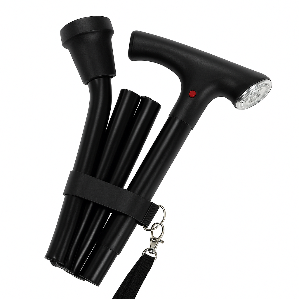Black folding cane packed in its compact position with wrist strap on a white background