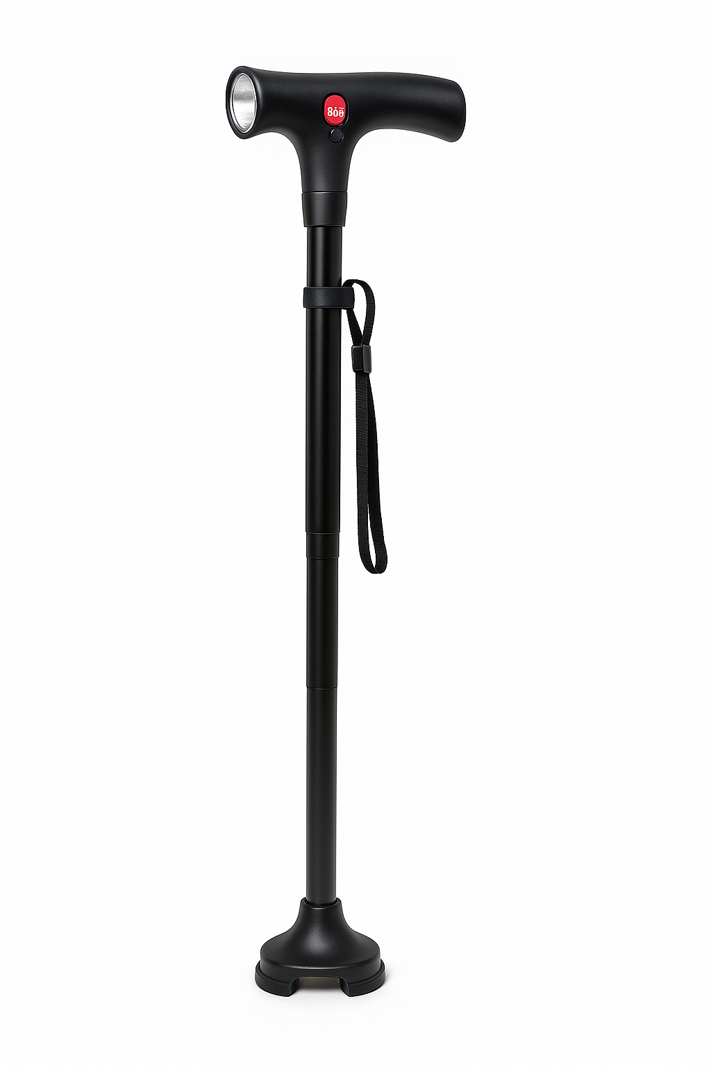 Black folding cane with LED light and SOS alert button on a white background