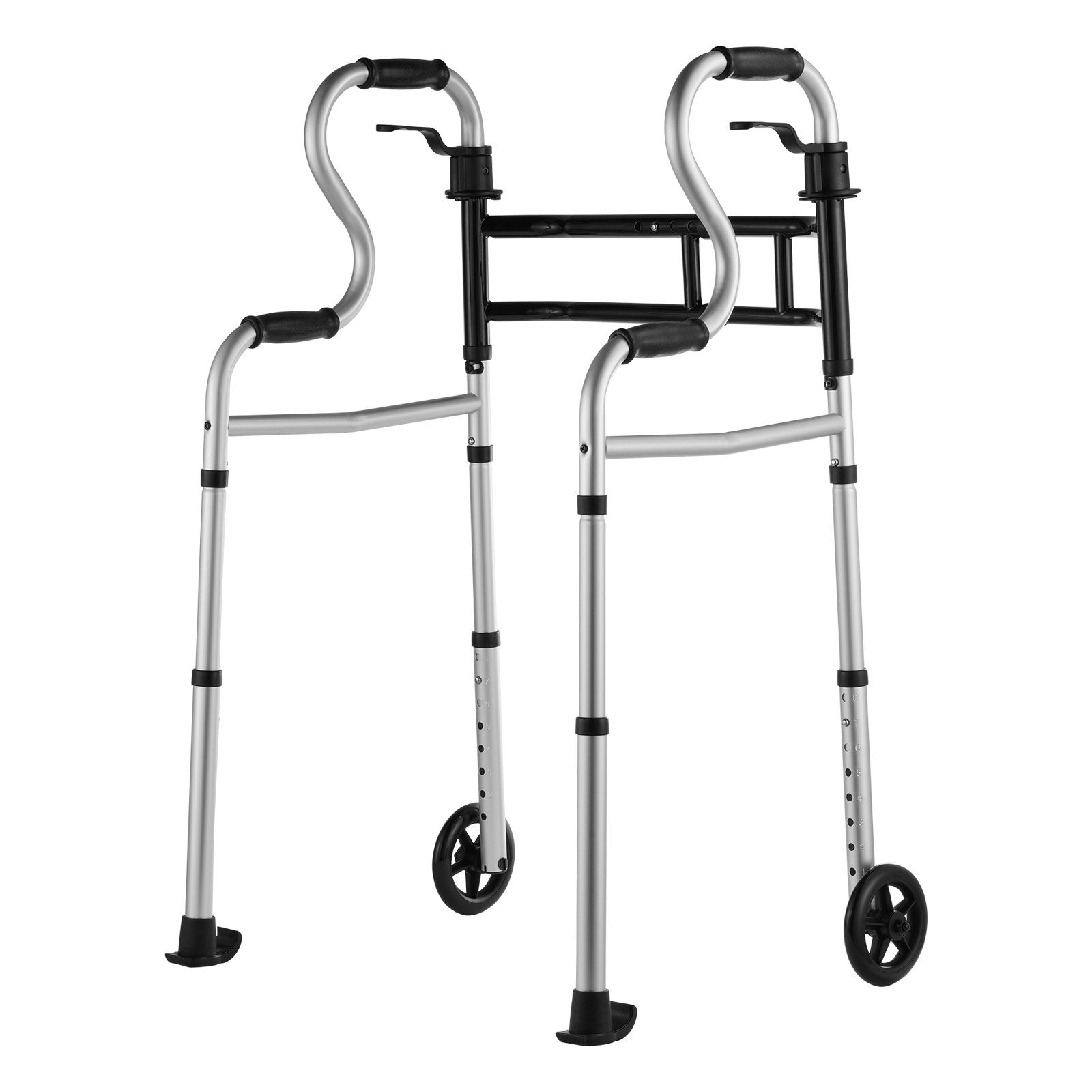 front view of folding walker with stand-assist handholds and front wheels on a white background