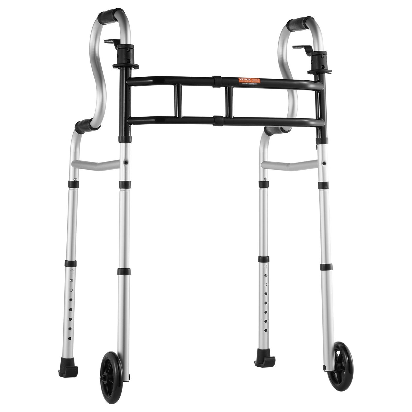 folding walker with stand-assist handholds and front wheels on white background