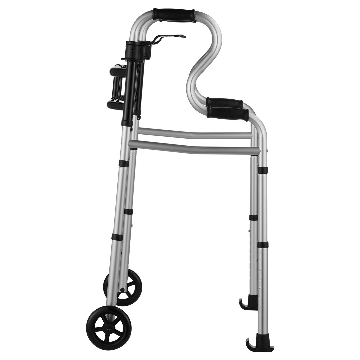side profile of adjustable folding walker with stand-assist handholds and front wheels on a white background
