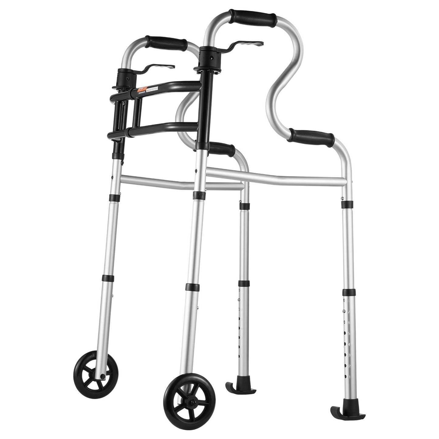 three-quarter view of folding walker with stand-assist handholds and front wheels on white background