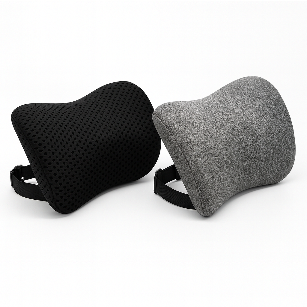 Black and grey memory foam lumbar support cushions with dual straps on a white background