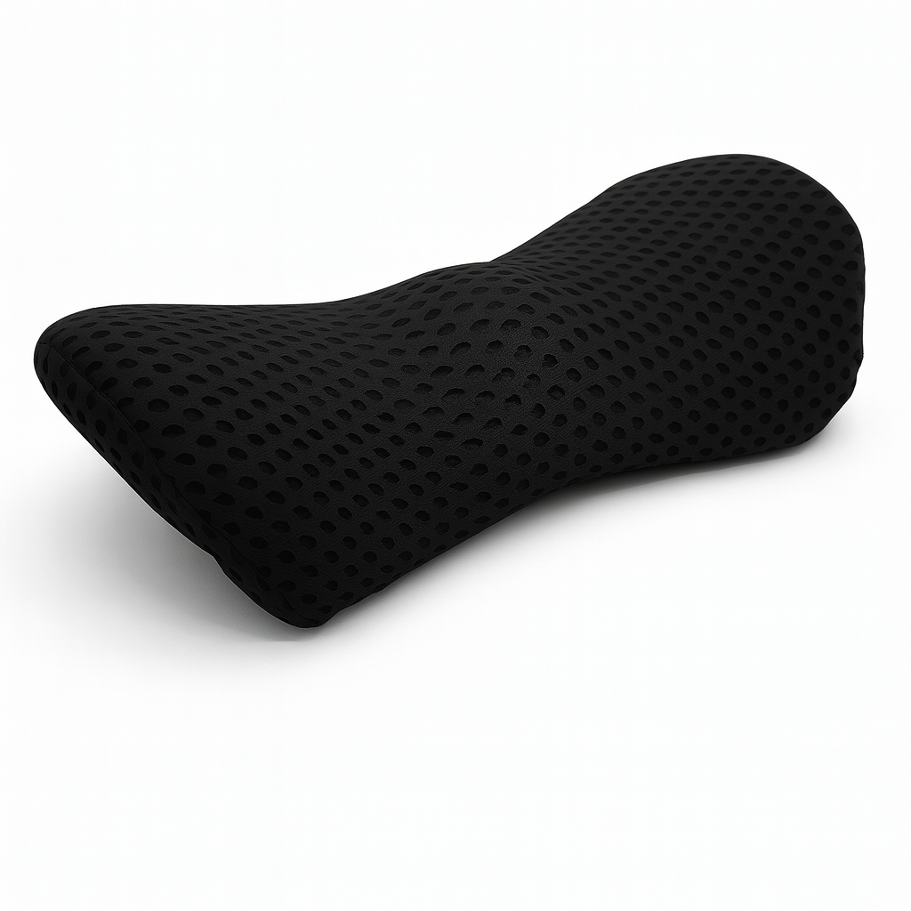 Memory foam lumbar support cushion, black breathable mesh, dual straps