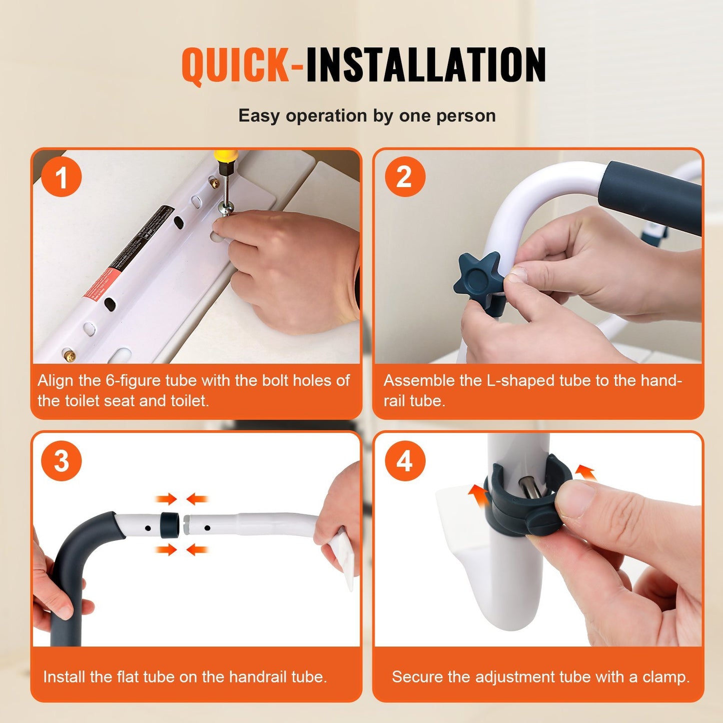 Step-by-step installation guide showing hands assembling the toilet safety rail with captions for each step