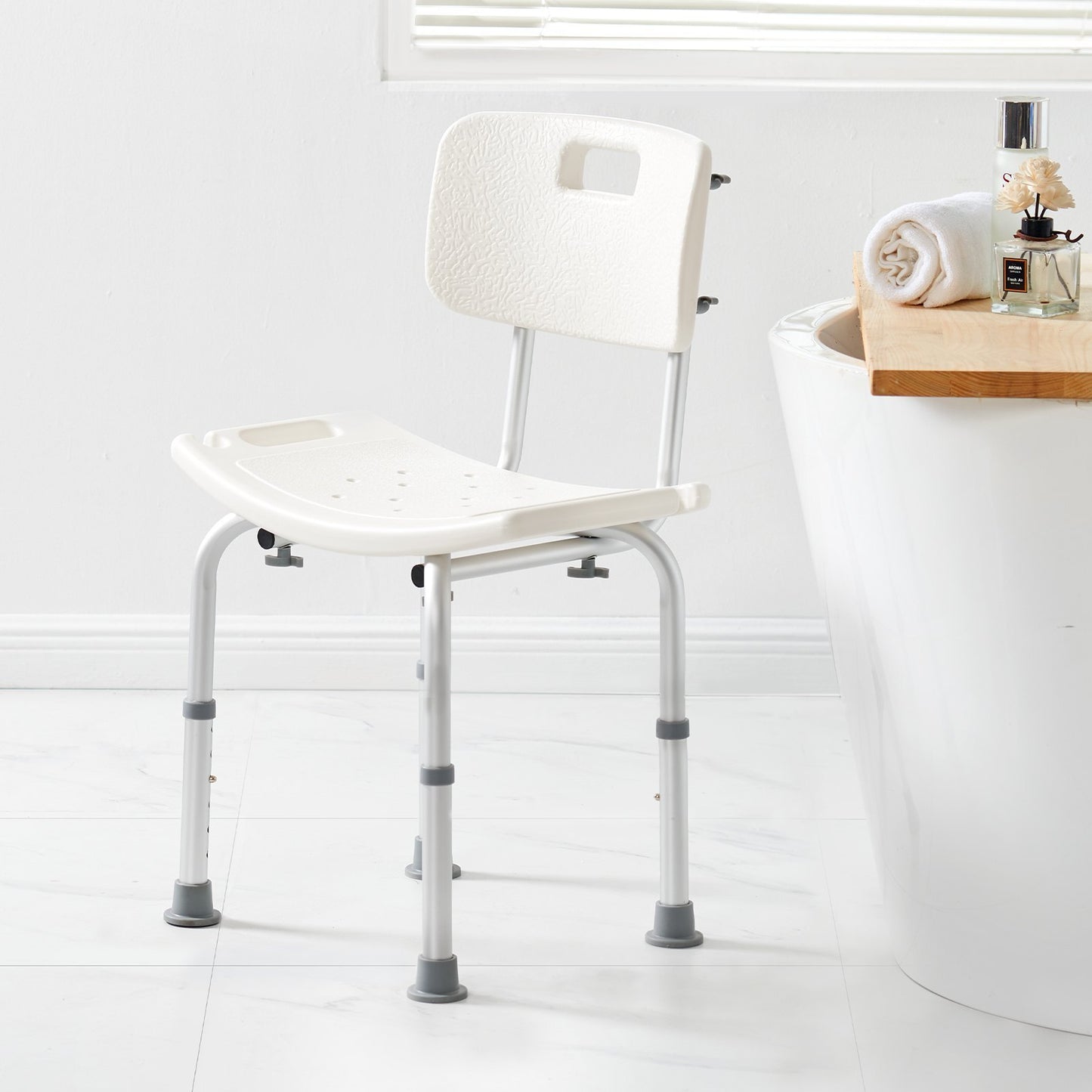 Shower chair in bathroom, stable non-slip support