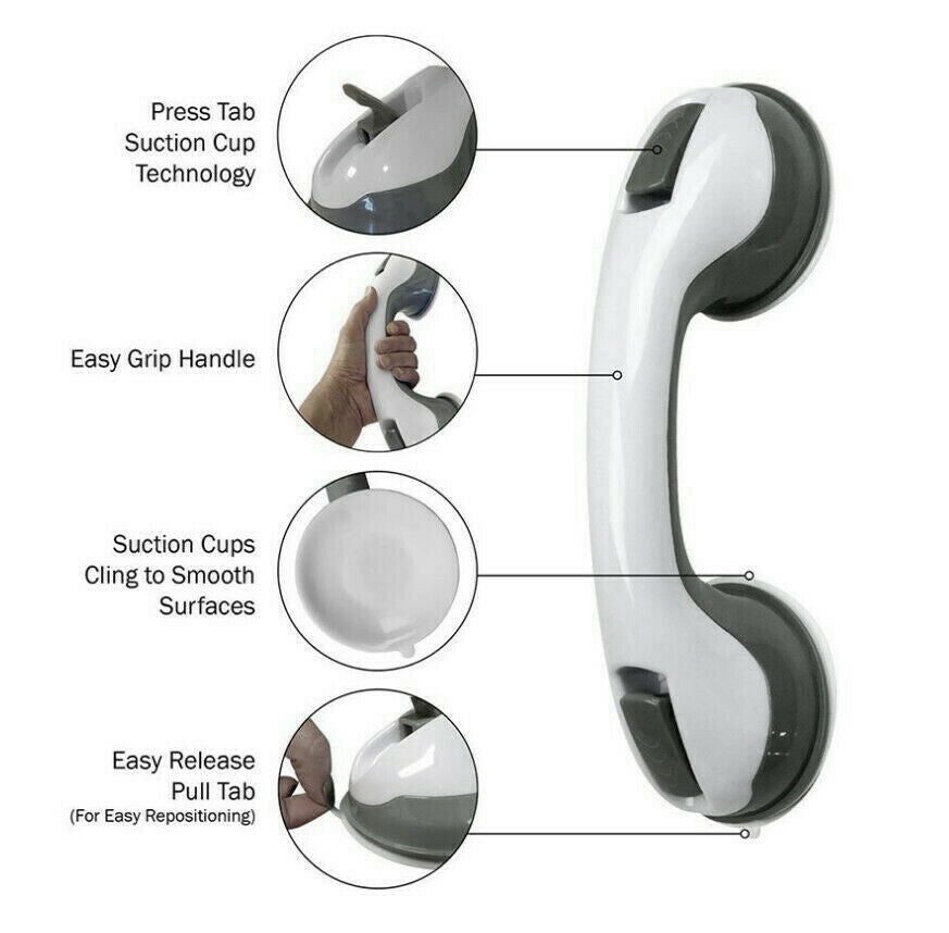 Diagram of a suction shower grab bar showing labeled parts: lock lever, easy-grip handle, suction cup for smooth surfaces, and pull tab