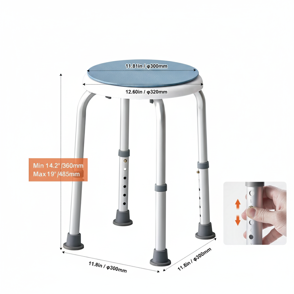 swivel shower stool size chart showing 11.8 in seat diameter, 12.6 in base width, and 14.2–19 in height range