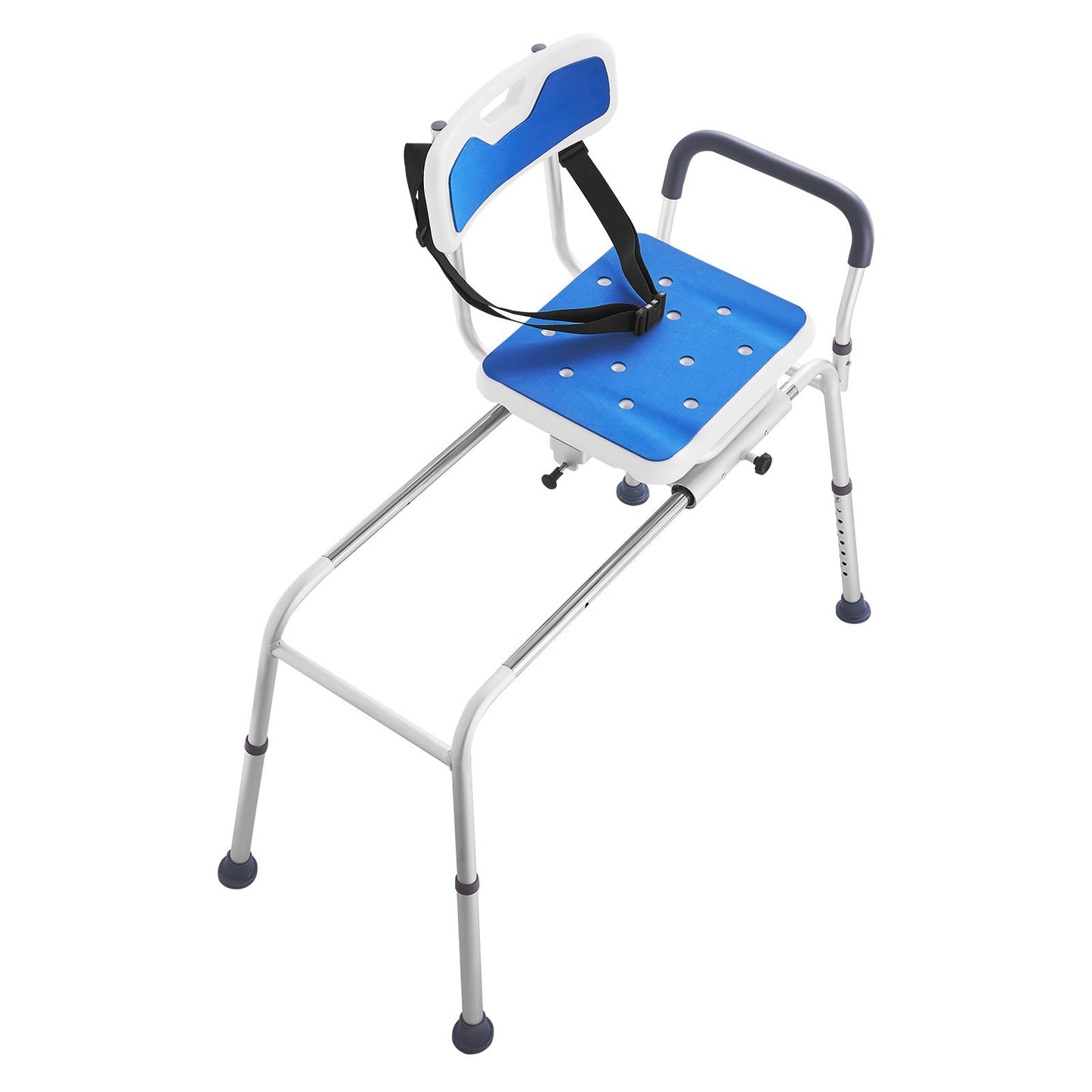 Three-quarter angled view of 360° swivel sliding transfer bench with armrest
