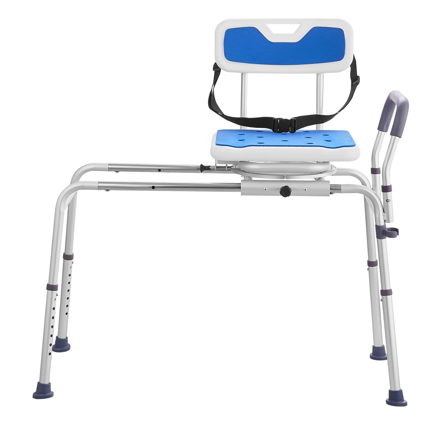 Front view of 360° swivel sliding transfer bench with backrest and armrest
