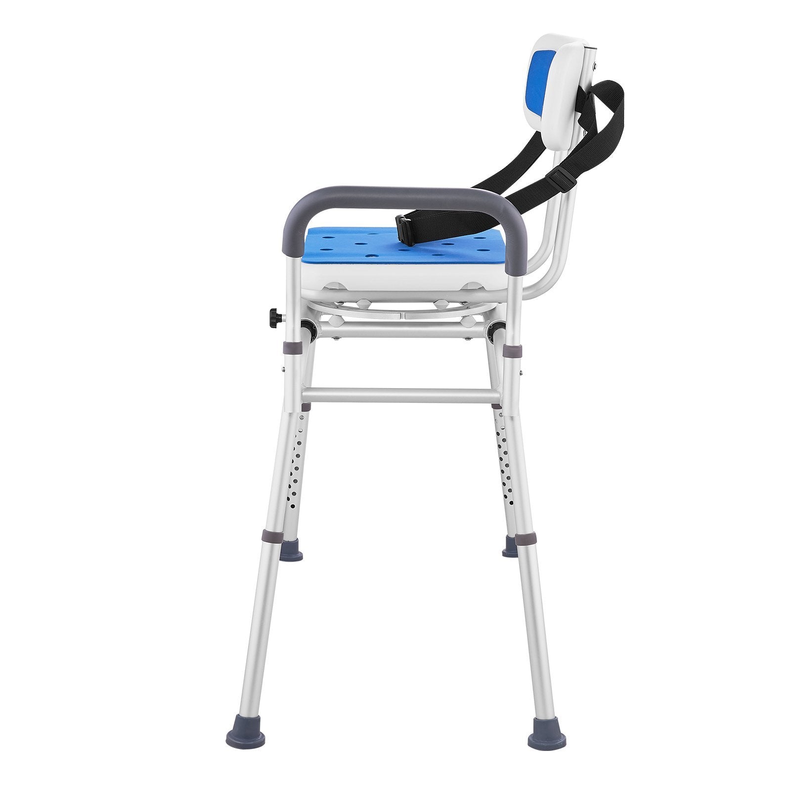 Side profile of 360° swivel sliding transfer bench showing armrest and adjustable legs