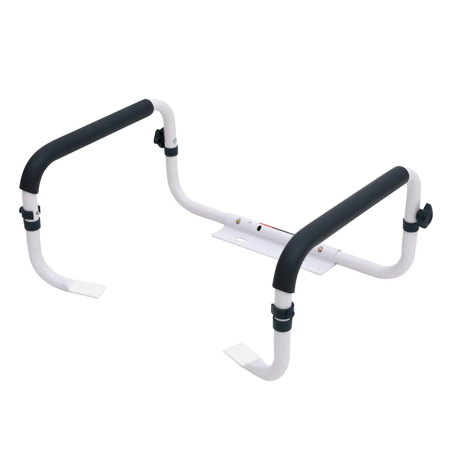 Adjustable toilet safety rail with padded armrests on a white background