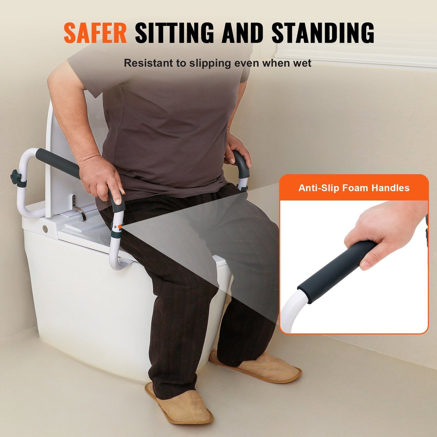 Person seated on a toilet using the safety rail; inset shows anti-slip foam handle for safer sitting and standing