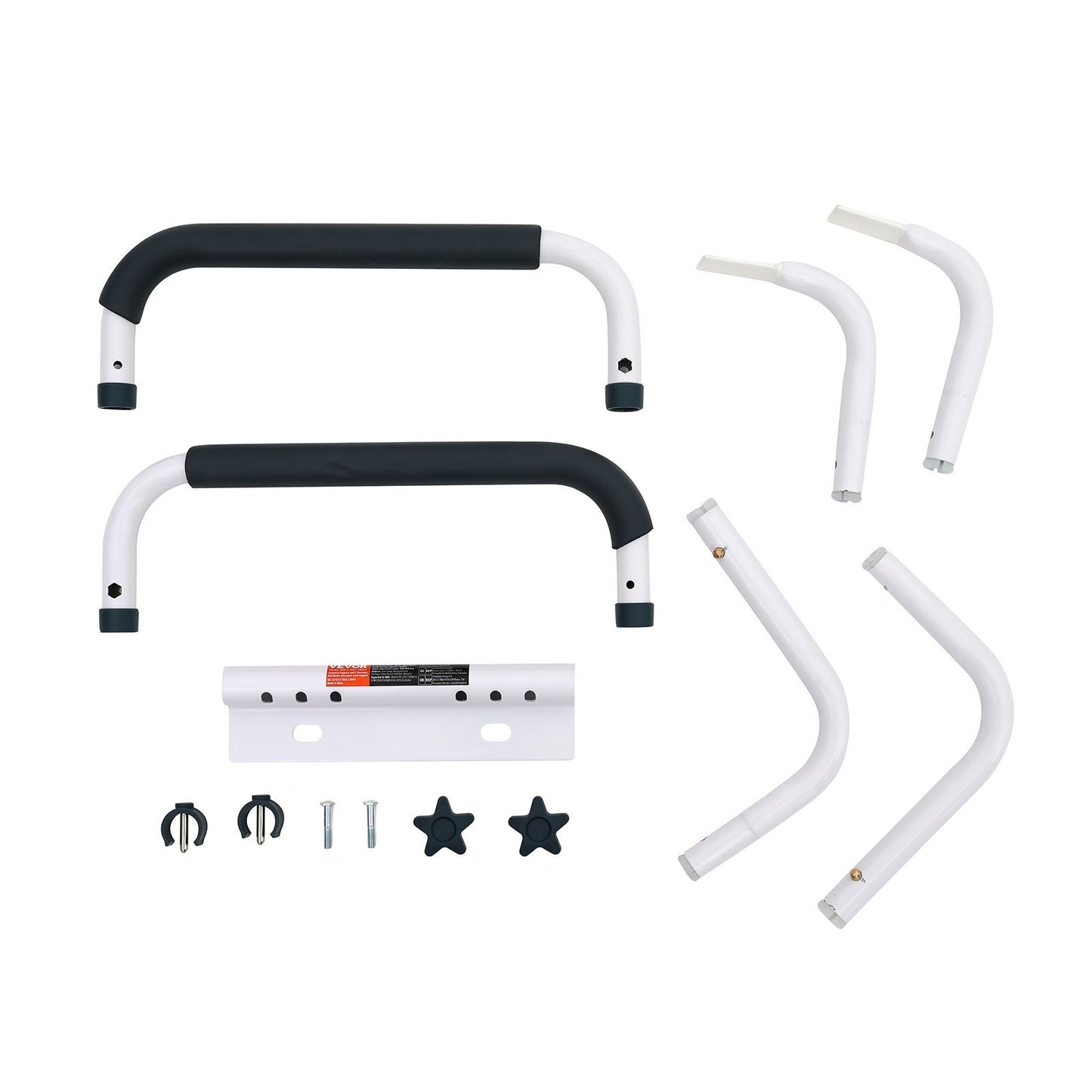 Toilet safety rail parts kit with two padded handles, L-shaped tubes, mounting bar, screws, and star knobs on a white background