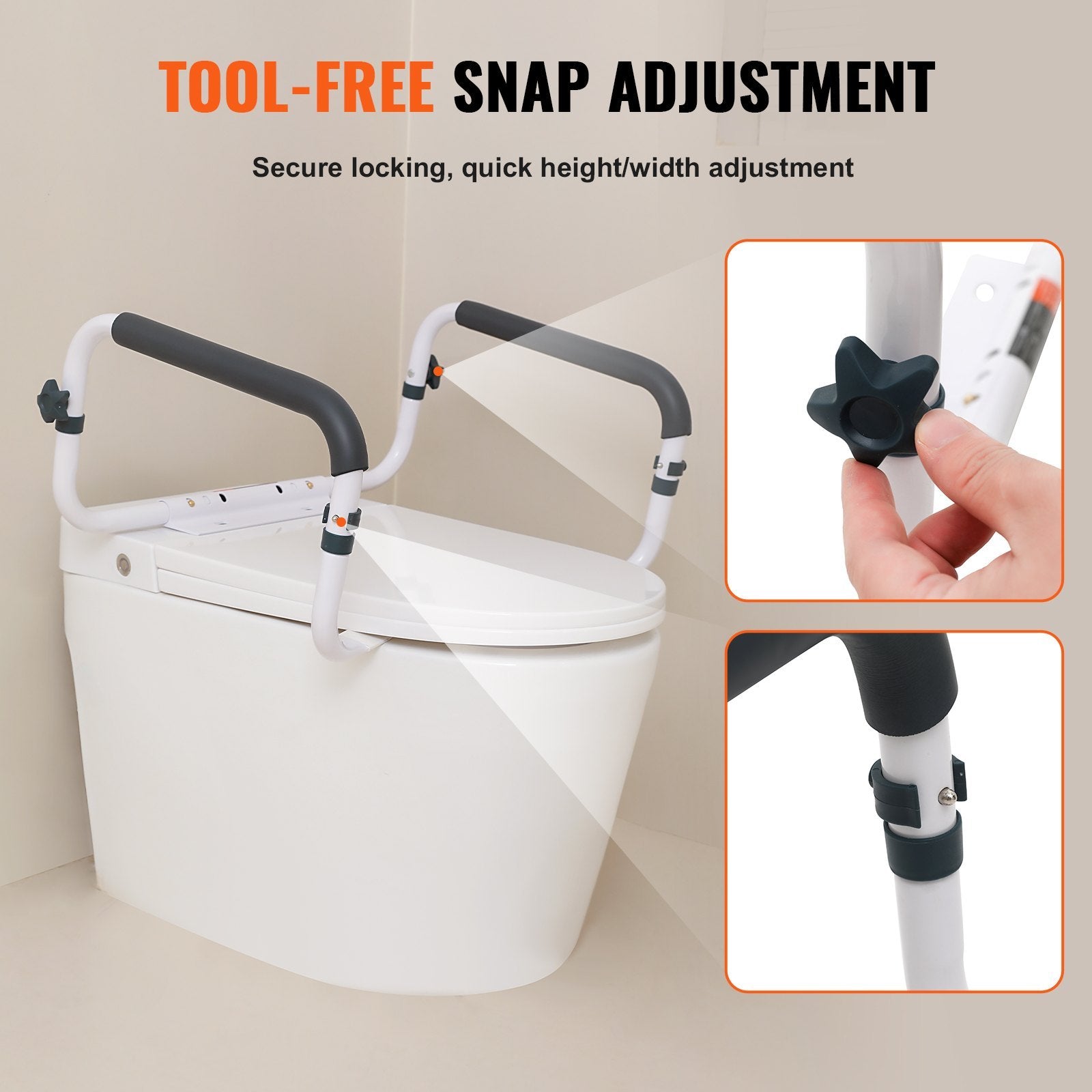 Toilet safety rail showing tool-free snap adjustment knobs and close-up details on a beige background