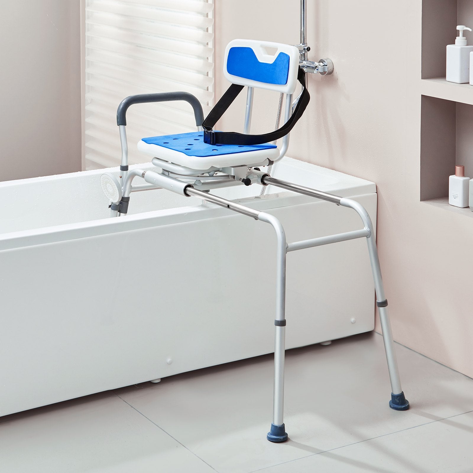 Transfer bench positioned over bathtub for safer step-free entry